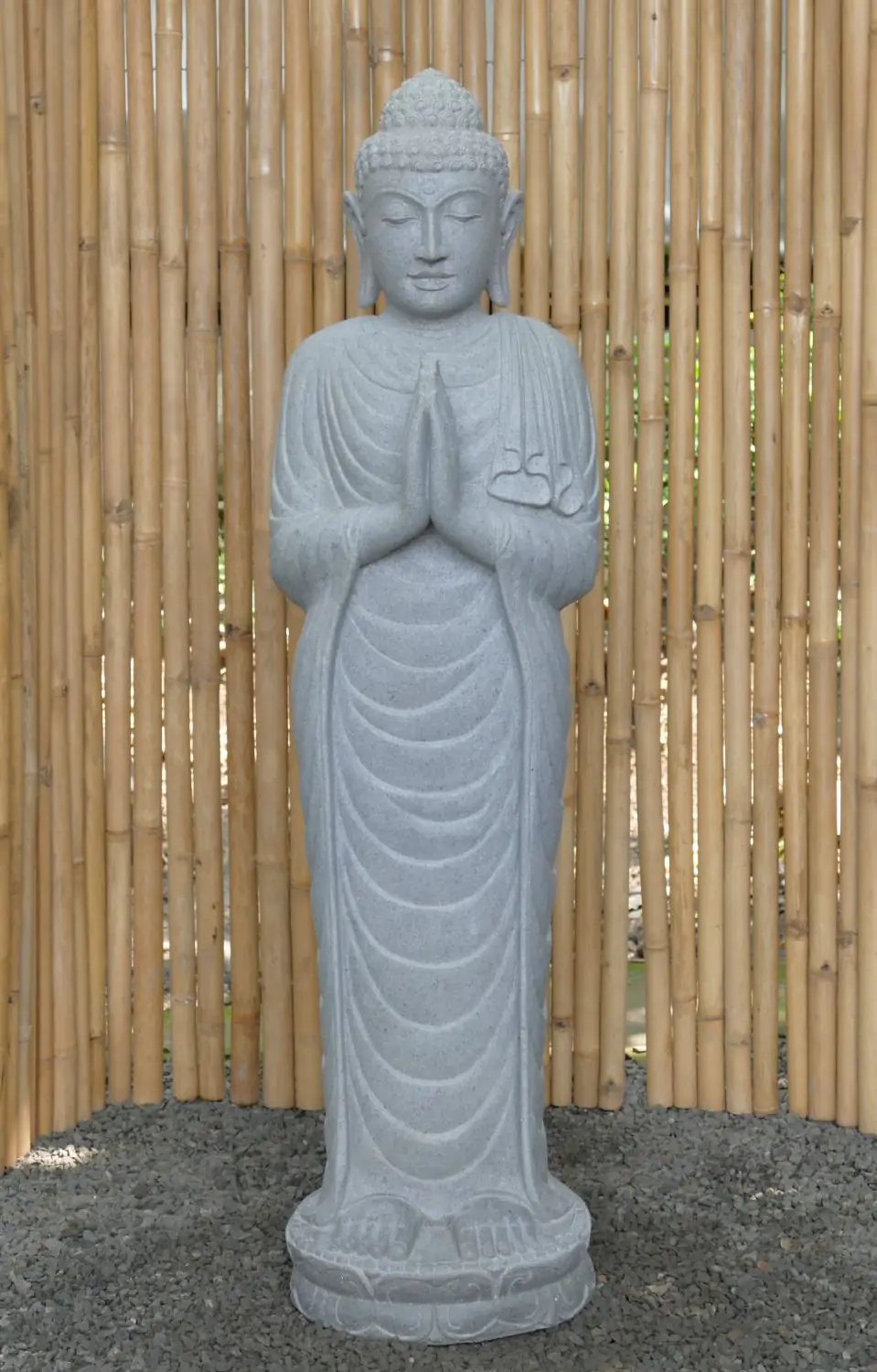  Product image 1 of the product “Standing Buddha made of Riverstone, position Namaskara , H. 153cm. ”